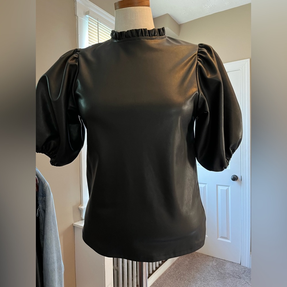 Vegan leather puff sleeve top